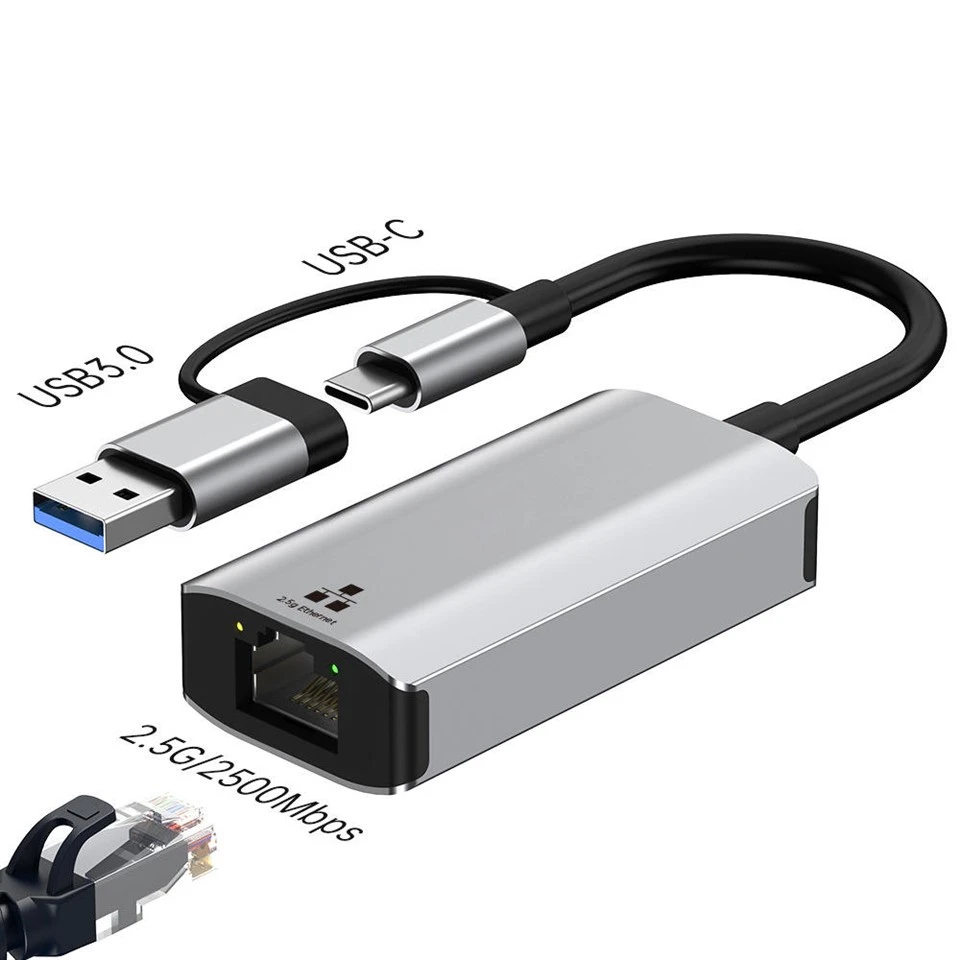 2.5G USB-C USB 3.0 To Ethernet Adapter – 2500Mbps Aluminum Alloy Plug Play LAN Converter